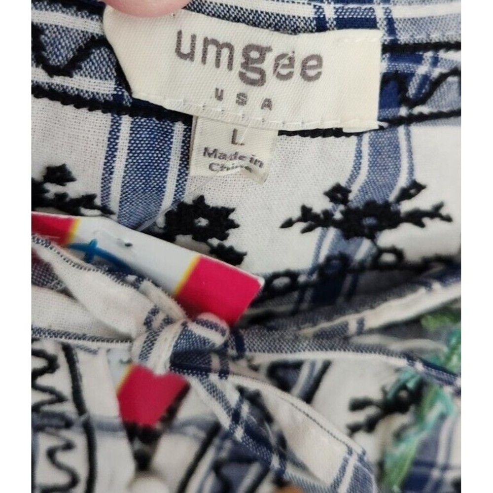 NEW Umgee Plaid Embroidered Short Sleeve Ivory Navy Babydoll Dress Women Boho L‎ - Picture 8 of 12